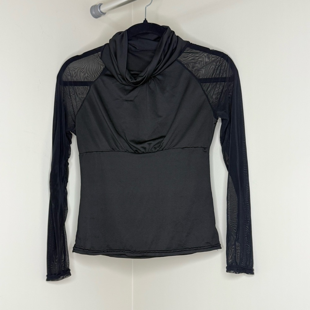 Elegant Black Top Fitted with Mesh Long Sleeve & Cowl Neckline